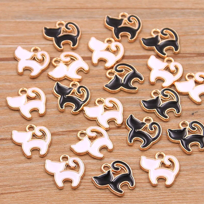 30Pcs 2 Style Alloy Metal KC Gold Drop Oil  White Black Small Cat Charms Animal Pendant For DIY Bracelet Necklace Jewelry Making