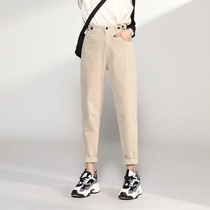 apricot color pants Осенние зимние брюки женские вельветовые брюки женские свободные шаровары с высокой талией хлопковые черные брюки HK192 - Цвет: apricot color pants