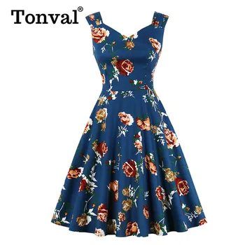 

Tonval Ruched Shoulder Floral Rockabilly 50S 60S Vintage Dresses Women Sleeveless Summer A Line Cotton Plus Size Dress