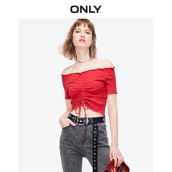 

ONLY Women's Slim Fit Pure Color Off-the-shoulder Short-sleeved Drawstring Laced T-shirt | 119101551