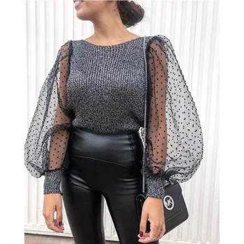 

Higirin Spring Autumn Womens Elegant Translucent Mesh Polka Dots Puff Long Sleeve O-Neck Knitted Ribbed Loose Tops Sweaters