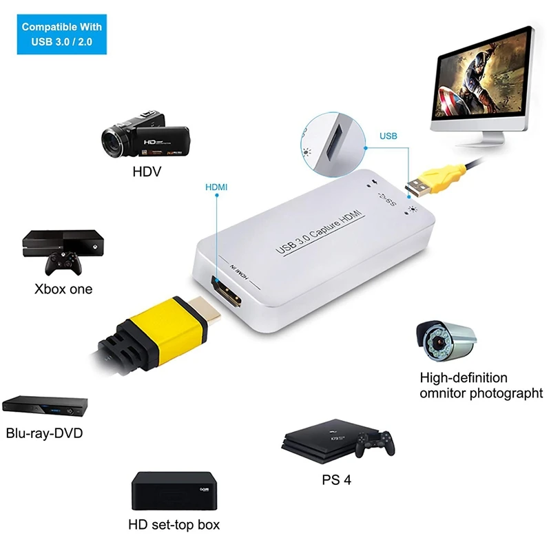 Usb 3,0 адаптер для захвата, Hdmi к Usb 3,0 устройство для захвата игр в реальном времени для Ps4 Xbox One 360, Full Hd 1080P 60Fps, привод