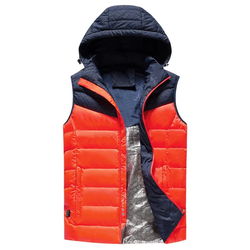 Оранжевый Fashion Electric Heating Vest Men USB Charging Splicing Hooded Zipper Pocket Thermal Gilet Waistcoat Warm Winter Jacket Men 6XL - Цвет: Оранжевый