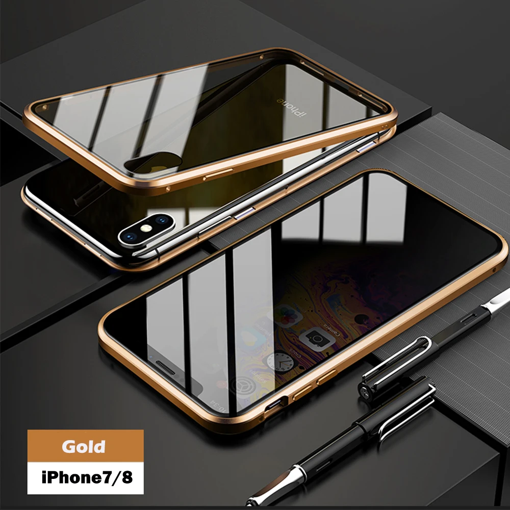 Анти-открытый Магнитный чехол для телефона Адсорбция металлический мобильный чехол для iPhone X XS MAX XR 7 8 Plus Чехлы закаленное стекло - Цвет: for iPhone 7 8 gold