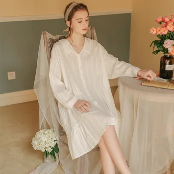 

Nightdress Autumn Winter Simple Sexy Shirt Collar Loose Nightgown Suit Cotton Fishtail Hem Long Sleeve Cardigan Twill Sleepdress