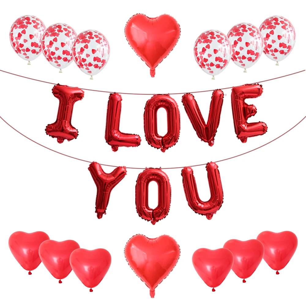 

15Pcs I Love You Letter Foil Balloons Red Heart Globos Confetti Chrome Metal Ballons Kit Set Valentines Day Gifts Wedding Decors