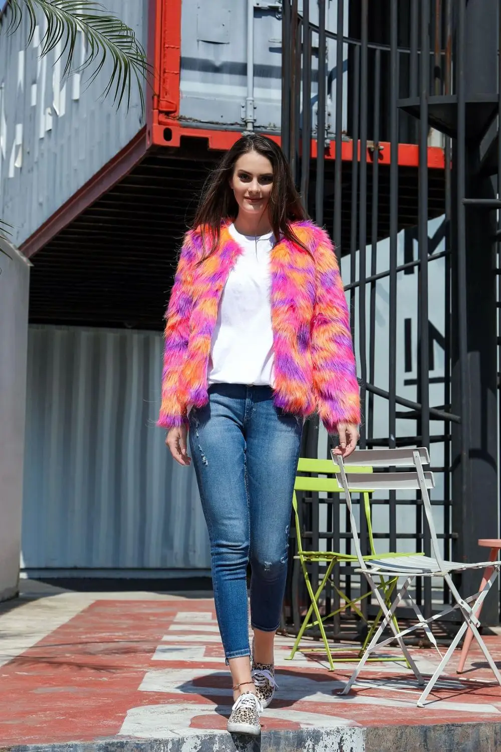 Негабаритная разноцветная Радужная осенне-зимняя искусственная Меховая куртка с длинными рукавами из искусственной эко-кожи, пальто, верхняя одежда для женщин, куртки