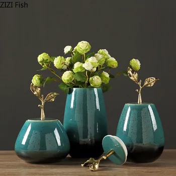 

Classical Ceramic Vase Storage Jar Golden Leaf Decorative Vases Desk Decor Ink Style Glazed Porcelain Flower Pot Home Decoration