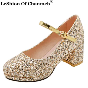 

Hot Sale Women's Glitter Party Shoes Ladies Block Thick Heel Round Toe Mary Janes Pumps Bridal Wedding Shoes Size 33-43 Footwear