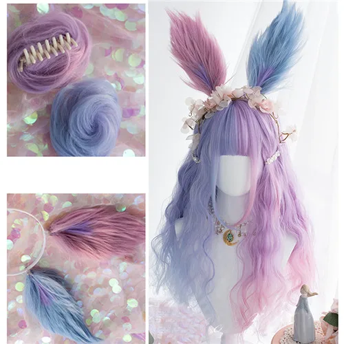 

Kawaii Bunny Rabbit 65cm Purple Pink Gradient Harajuku Lolita Wig Hair Daily Long Curly Cosplay Wig + Cap Princess Sweet Wigs
