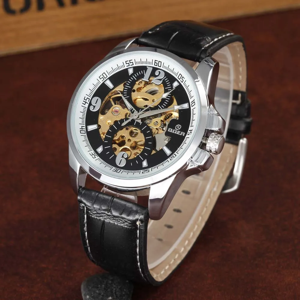 

GOER Luxury Brand Watches Men Mechanical Watches Leather Strap Automatic Mechanical Wristwatches Skeleton Relogio Masculino
