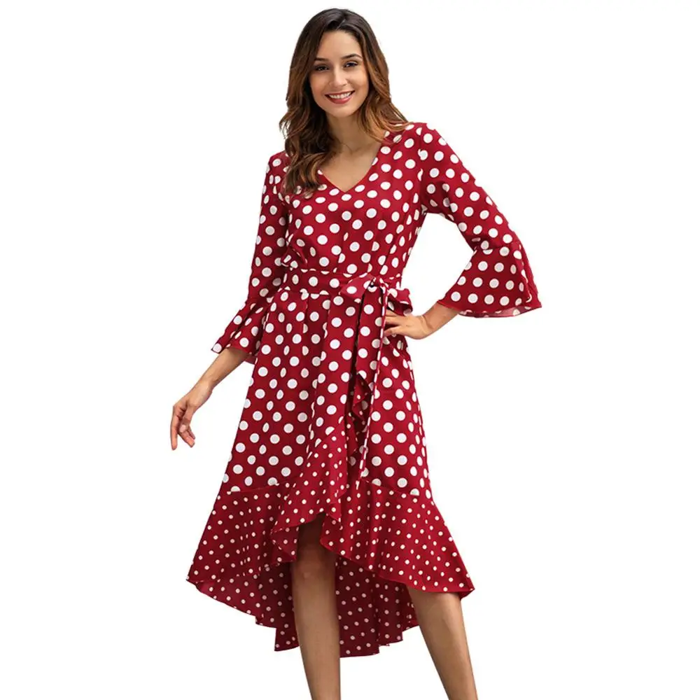 

New Autumn Women Chiffon Dot Long Boho Dresses Casual Bow Ruffles Splice Irregular Dress Fashion Woman Swallowtail Dress Vestido