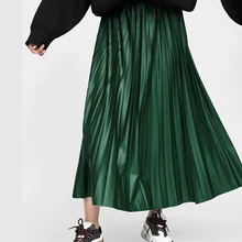 ZA осень и зима женские юбки сплошной цвет длинный кожаный эффект атласная текстура плиссированная юбка высокая Талия сторона стежка юбка