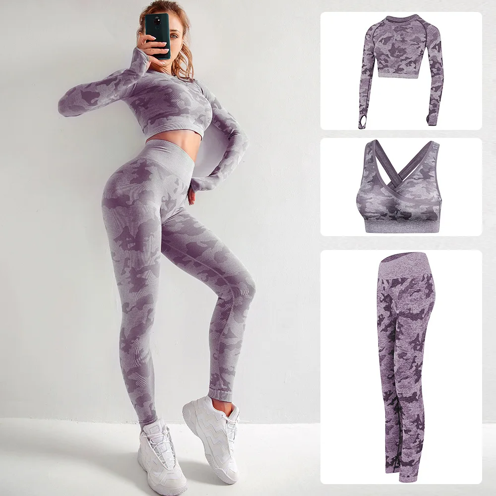 3 шт. Женский комплект для фитнеса, камуфляжные комплекты для йоги, спортивная одежда, бесшовные спортивные костюмы для фитнеса, одежда для спортзала, комплект для йоги - Цвет: 3pcs Purple Set
