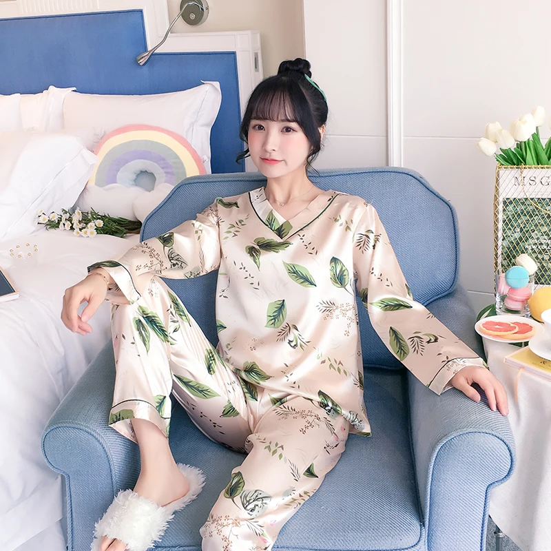 Осенняя Шелковая пижама с длинным рукавом для женщин pijama mujer, милый пижамный комплект с мультяшным принтом, домашняя одежда, длинные штаны, сексуальные пижамы