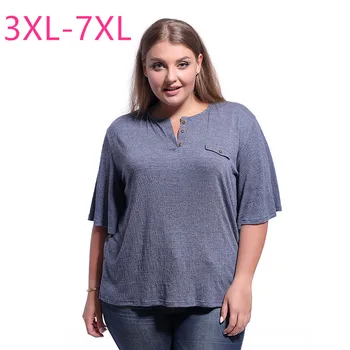 

New 2020 summer plus size tops for women large short sleeve loose casual blue V neck button T-shirt 3XL 4XL 5XL 6XL 7XL