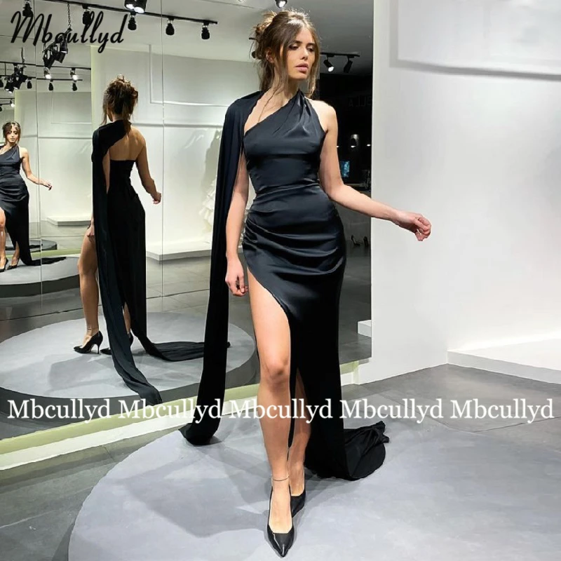 

2023 Black Satin Long Evening Dress One Shoulder Prom Dresses Sexy Slit Beach Party Gowns Women Formal Gown