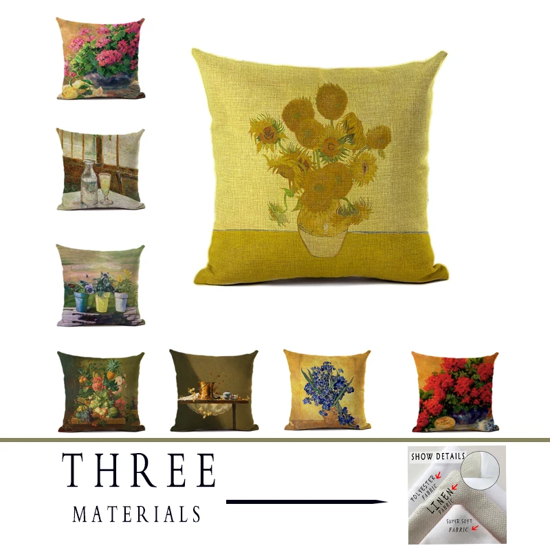 

Van Gogh Retro Oil Painting Flower Series Fluffy Pillowcase Decoration Sunflower Pattern Printed Sofa Yellow Cushion Cover