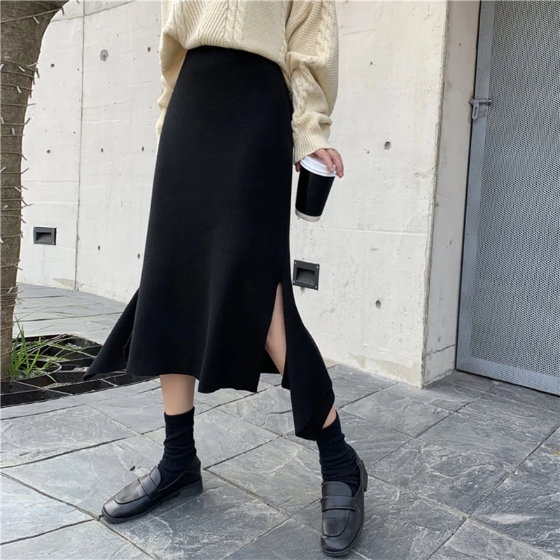 Корейская шикарная Асимметричная юбка, Женская винтажная Однотонная юбка средней длины с высокой талией, черная элегантная желтая юбка на зиму и осень - Цвет: Черный