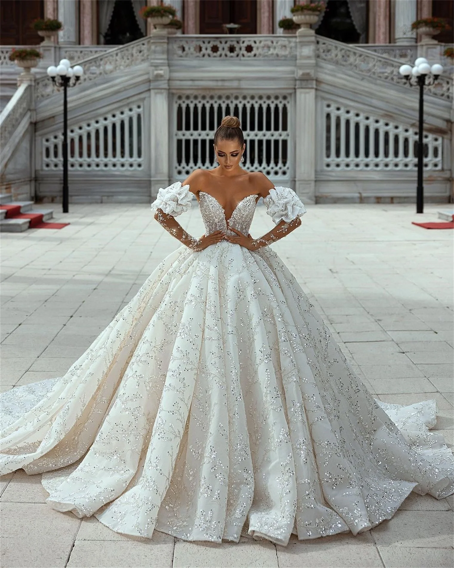 

Luxurious Sweetheart Off Shoulder Wedding Dress Beaded Sequins Bridal Gowns Custom Made Removeable Long Sleeves Vestido de novia