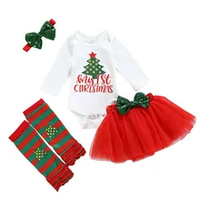 My first Christmas/комплект из 4 предметов для маленьких девочек, боди с длинными рукавами и рисунком рождественской елки+ юбка-пачка+ Милая повязка на голову+ штаны, комплекты одежды