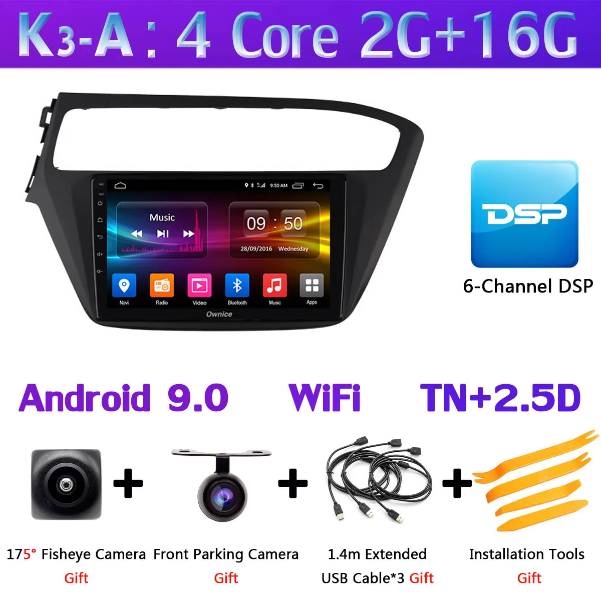 1 DIN 360 ° Pano ram ic Android 9,0 4G ram+ 64G gps радио CarPlay DSP Автомагнитола стерео плеер для hyundai i20 LHD RHD - Цвет: K3-A