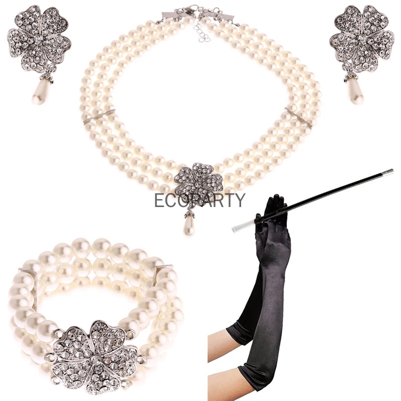Audrey Hepburn Breakfast at Tiffanys 1950s Costume Jewelry Accessory Set Pearl Necklace Earring Bracelet Glove Cigarette Holder anime maid outfit
