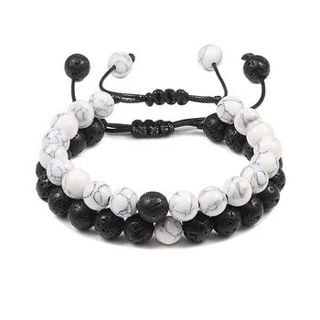

Adjustable 2Pcs/set Beaded Bracelets Natural Lava Tiger Eye Stone White Black Braided Bracelet Gift For Women Men Couple Jewelry