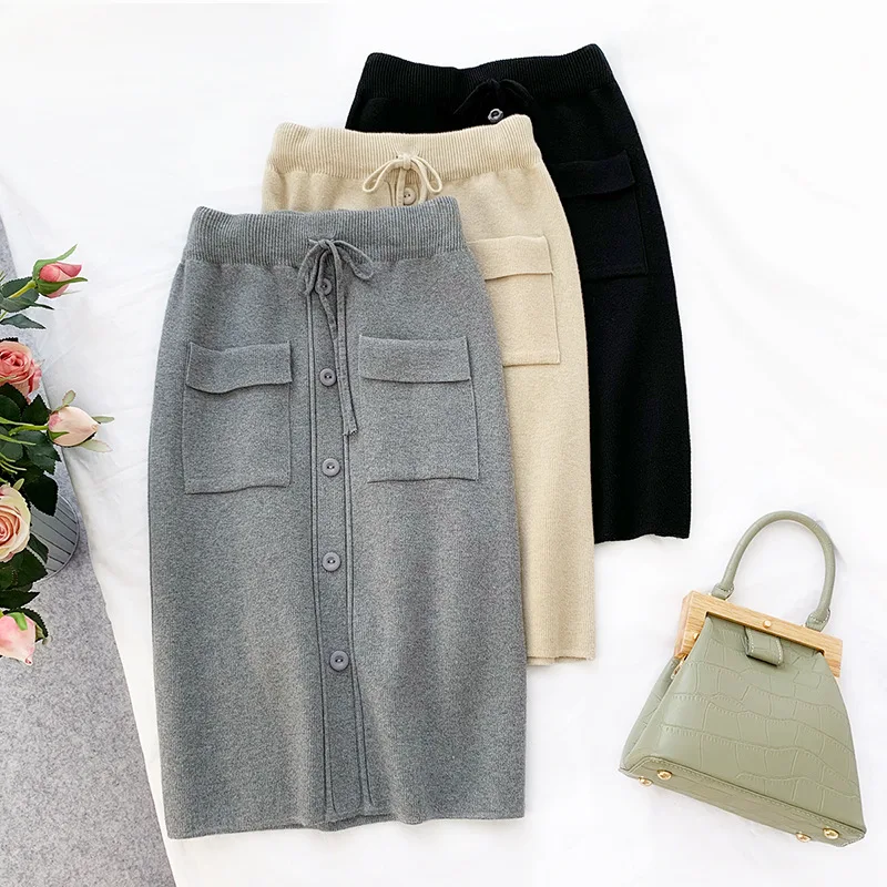 

Wasteheart Autumn Winter Gray Khaki Women Fashion Sexy Skirt High Waist Knee Skirt Office Pencil Skirts A-Line Knitting Bodycon
