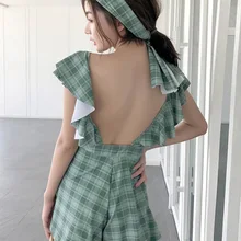 Костюмы для девочек, купальник, женский пляжный танкини, женские купальные костюмы, цельный купальный костюм, закрытый Зеленый Клетчатый раздельный купальник