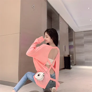 

New Style Long Sleeve Viscose Knit Low Waist Jersey Women's Solid Color Hollow out Sun-resistant Blouse Thin Backless Tops