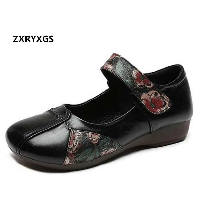 

2022 New Classic Retro Printing Women Shoes Flat Shoes Soft Sole Comfortable Mother Shoes Fashion Genuine Leather Ladies Shoes