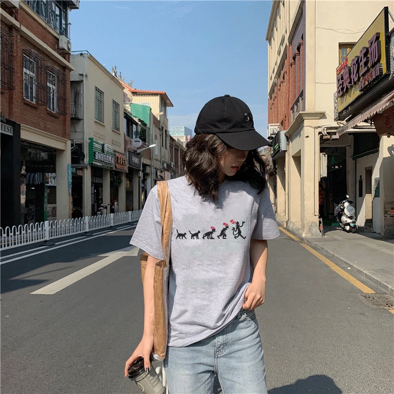 2020 Summer New Harajuku Women Gray Short Sleeve O-neck T Shirt Women's Evolution Growing Up Pattern Printing Femmed T-shirt | Женская