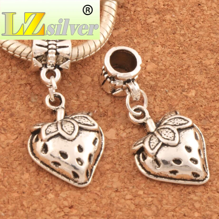 Strawberry With Leaf Big Hole Beads 14.7x30.5mm 100PCS zinc alloy Dangle Fit European Bracelets Jewelry DIY B930