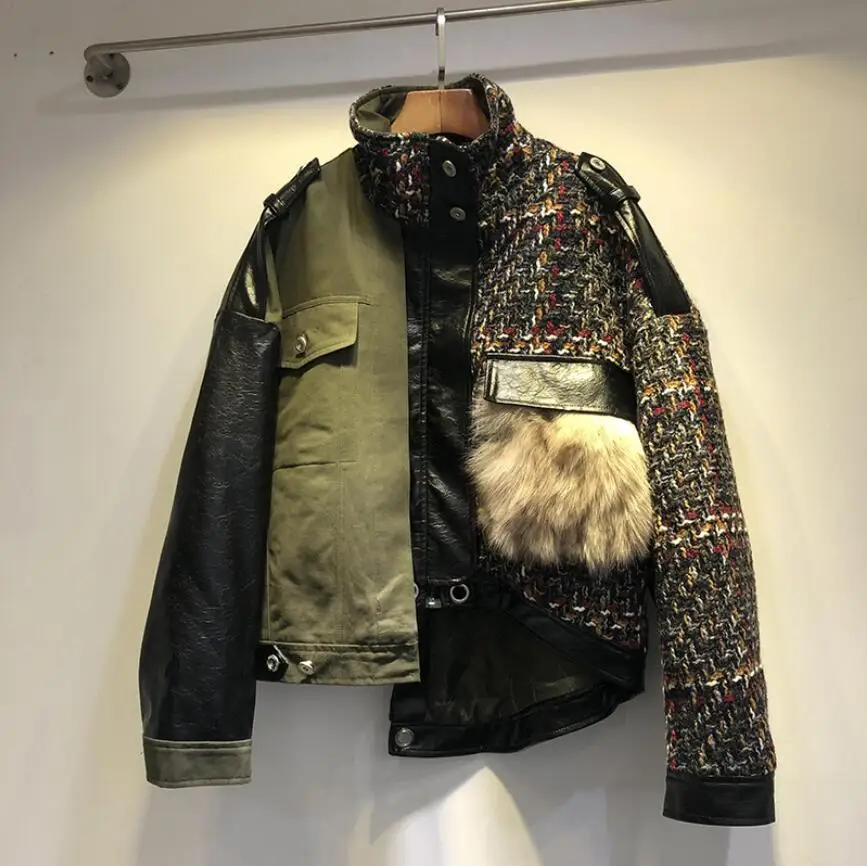 Европейская Новинка 2019 твидовая куртка-карго со стоячим воротником осенняя и