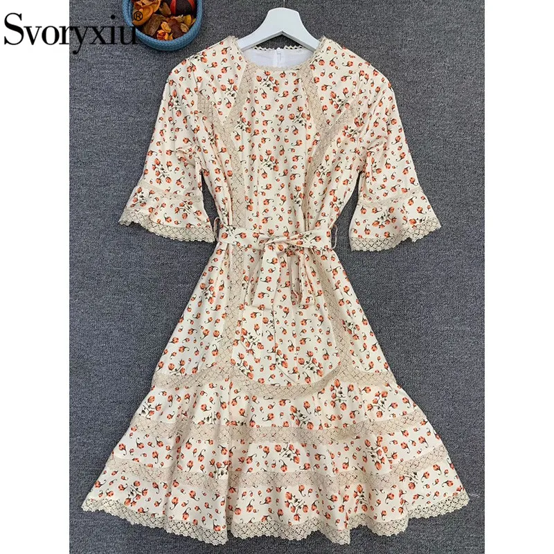 

Svoryxiu Runway Designer Autumn Flower Print Mini Dress Women's Fashion Half Sleeve Lace Embroidery Elegant Party Dresses