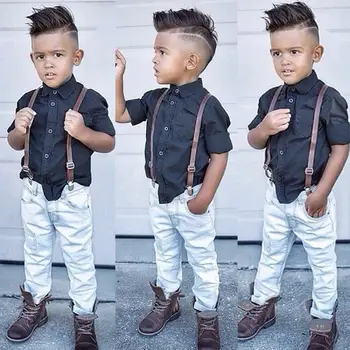 

Gentleman Baby Boys Suspender Clothes Set Solid Blue Single Breasted Long Sleeve Shirt Pants for Kids Spring Autumn