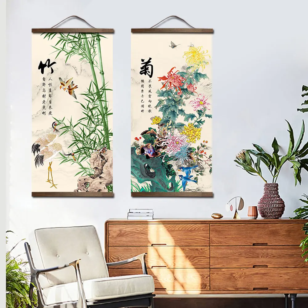 chinese style flower Green plants canvas decorative painting Store bedroom living room wall art solid wood scroll paintings 1
