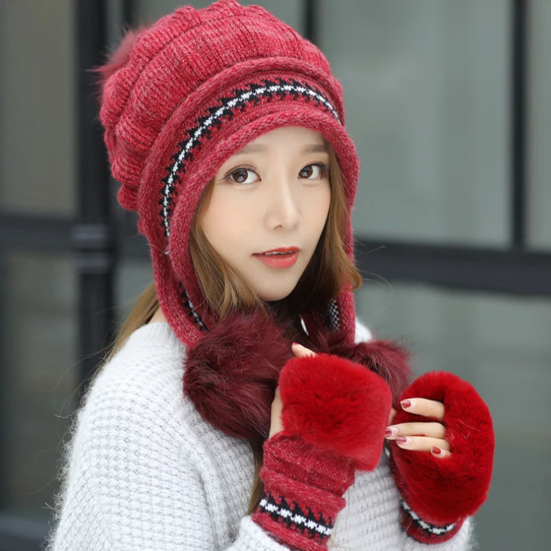 HT2690 Autumn Winter Hat Gloves Set Fur Pompoms Knitted Ear Flap Cap Ladies Fur Knitted Hat and Gloves Female Winter Accessories