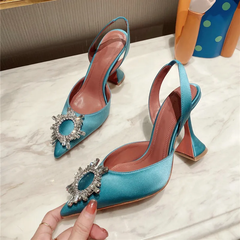 New Brand women Pumps Luxury Crystal Slingback High heels Summer Bride Shoes Comfortable triangle Heeled Party Wedding Shoes 4