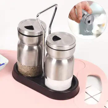 

Durable 2pcs Stainless Steel Kitchen Salt Pepper Shaker Jar Bottle Seasoning With Storage Rack Set