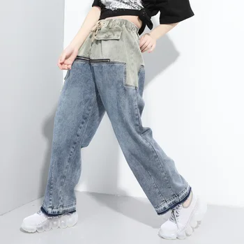 

2020 Jeans Women Elastic Waist Fashion Splice Big Size Wide Leg Denim Pants Female Men Streetwear Hip Hip Punk Harem Trouser 002