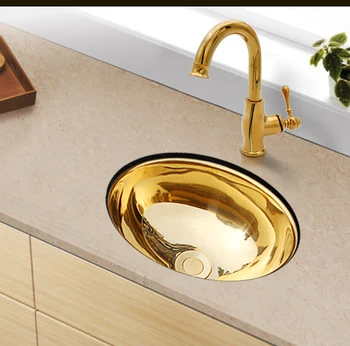 

304 Stainless steel Gold kitchen Oval Sink and Golden Brass Faucet mixer