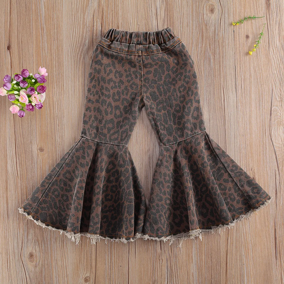 Toddler Baby Girls Flare Ripped Pants Leopard Printed Bell Bottoms Pants Infant Clothes Long Jeans Casual Children Trousers