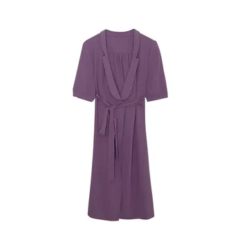 

Women Dress 2020 Spring and Summer Dress Vintage Lace-up V-neck Lapel Puff Sleeve Midi Dress