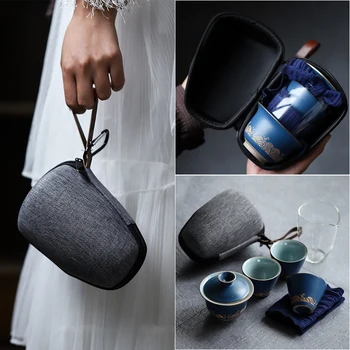

TANGPIN blue ceramic teapot gaiwan with 3 cups gaiwan tea sets portable travel tea sets drinkware