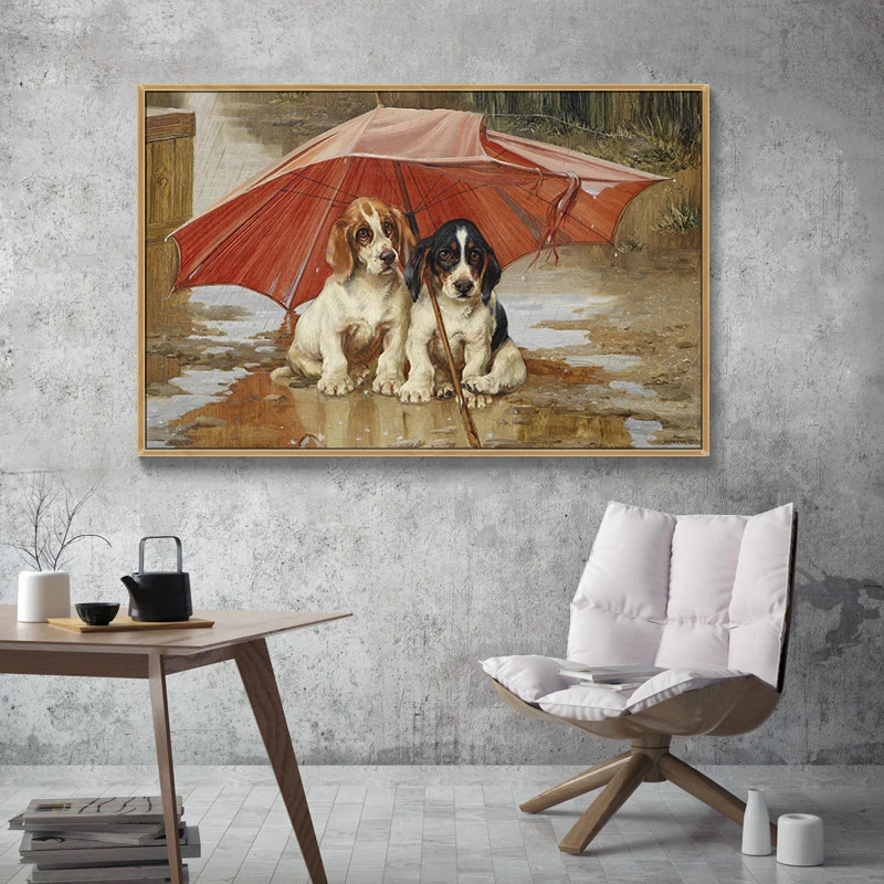 Poor Two Dogs under the Shabby Umbrella Oil Painting Prints on Canvas Wall Art Decorative Picture for Living Room Decor No Frame | Дом и сад