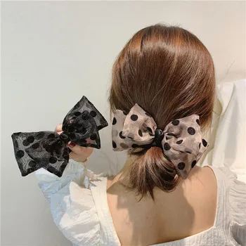 Online Bogen Knoten Welle Punkt Chiffon Haar Seil Haar Frühling Schwarz Rosa Dot Bogen Clip Haar Gummi Scrunchies Haarnadel Elegante Für Frauen Mädchen