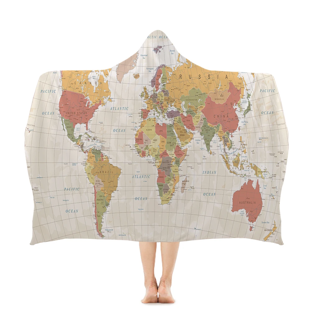 HBT008-1 Silstar Tex World Map Wearable Towels 3D Printed Hooded Polyester Beach Bath Towel for Adults Kids Portable Sports - Цвет: HBT008-1