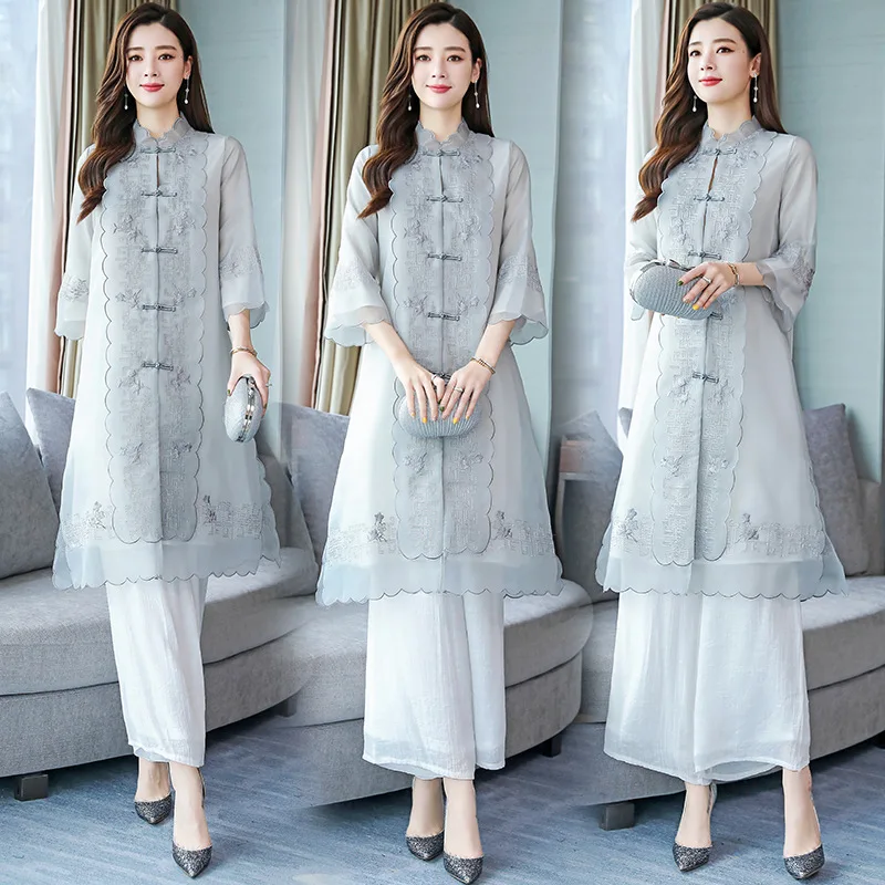 

Very Fairy of China Ethnic-Style WOMEN'S Suit Summer 2019 New Style Embroidered Cheongsam Goddess-Style Loose Pants Two-Piece Se